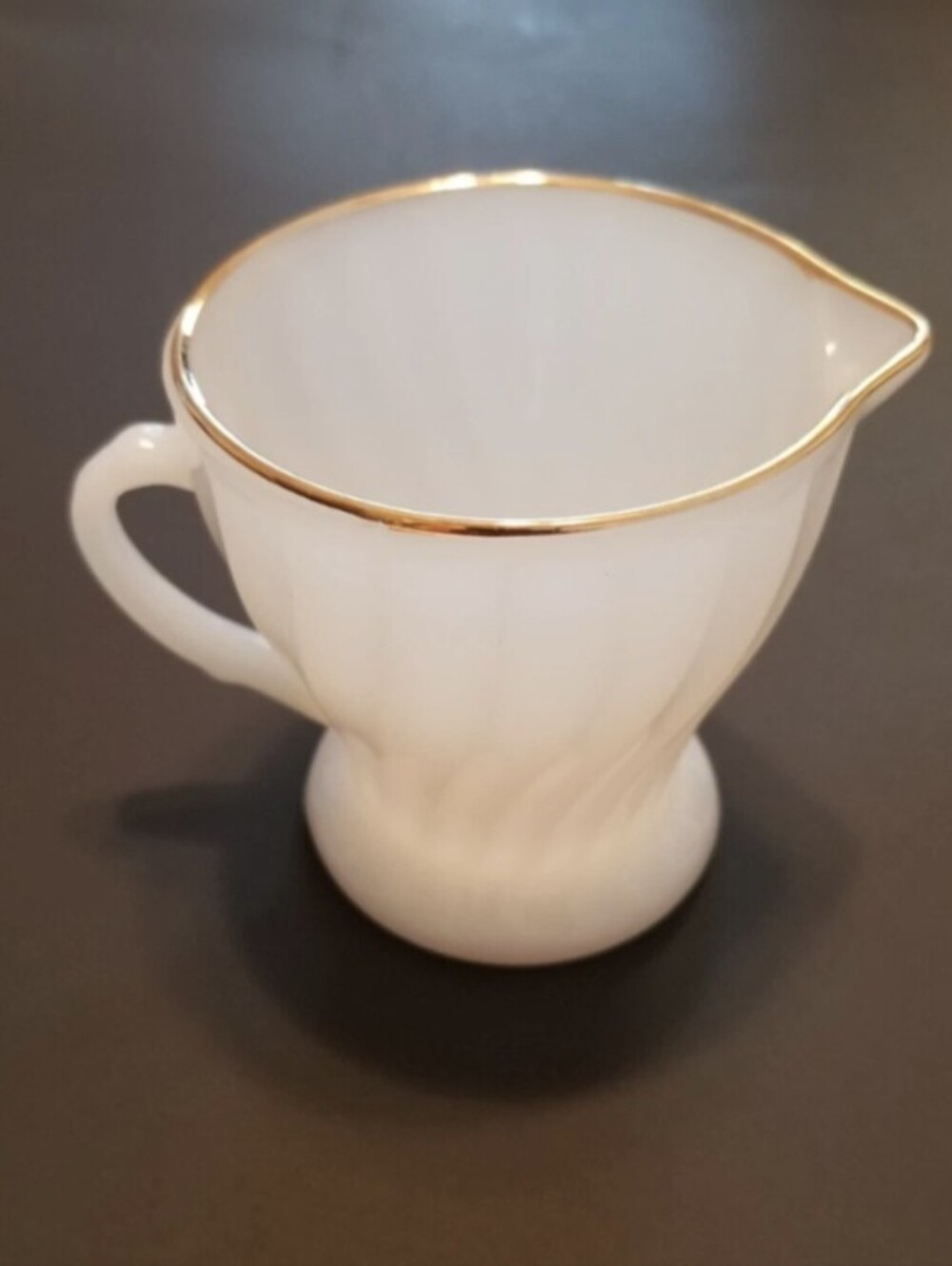 Vintage Anchor Hocking Fire-King Swirl Gold Trimmed Milk Glass Creamer